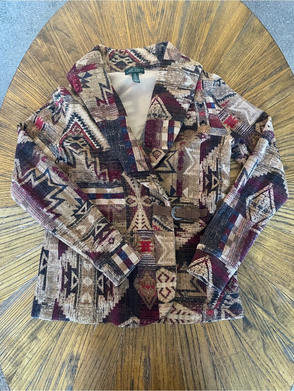 Ralph Lauren Aztec Pattern Buckle Blazer in Burgundy, Tan & Navy